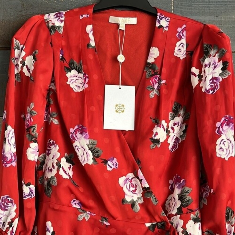 WAYF Red Roses Ruffle Wrap Mini Dress XS - Picture 5 of 15
